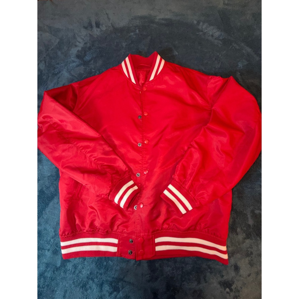 GU Red Bomber Varsity Jacket Mens Large Snap Button Striped Trim 311-308412